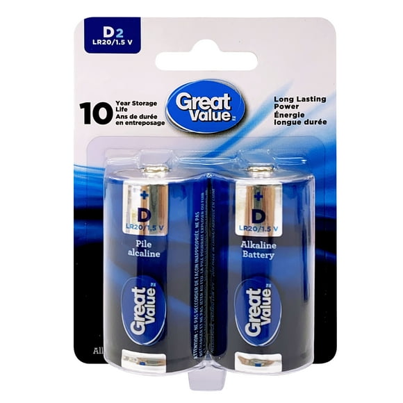 Great Value D LR20/1.5 V Alkaline Batteries 2-Pack, 10-year storage life, Long lasting power guarantee