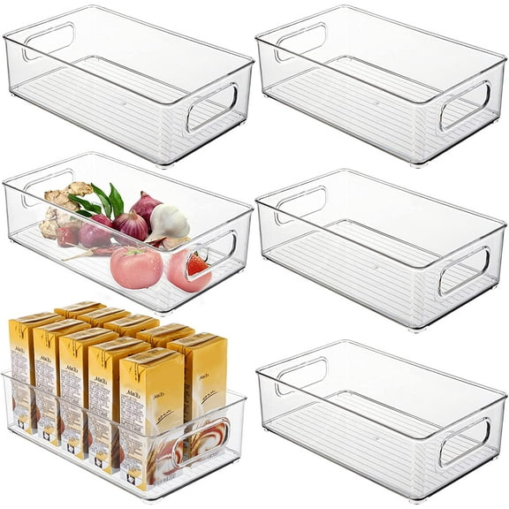 6 Pack Plastic Storage Bins for Pantry, Refrigerator, Countertop, Cabinet Organization, Stackable Food Storage Organizer with Handles, BPA Free, 10 x 6 x 3 Inch