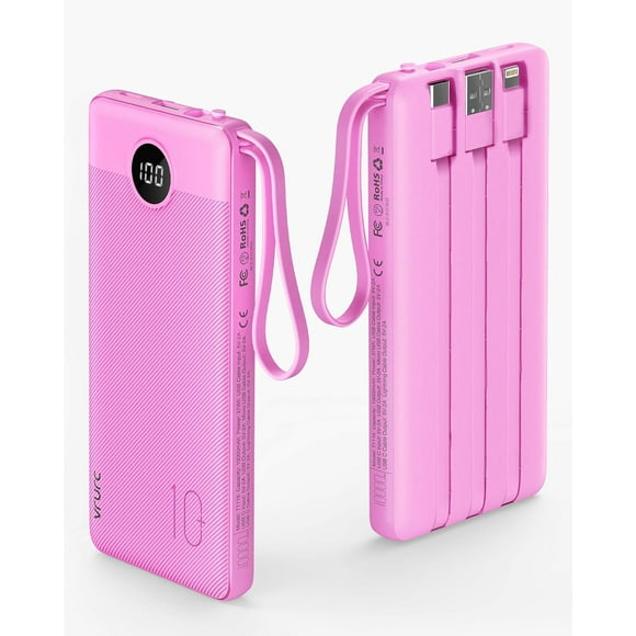 shiyou-Portable Charger 10000mAh, Slim LED Display Power Bank, 5 Output 2 Input Cell Phone Battery Pack, Built-in Micro & USB C Cables Phone Charger Compatible with iPhone,Samsung,Android etc-Rose Re