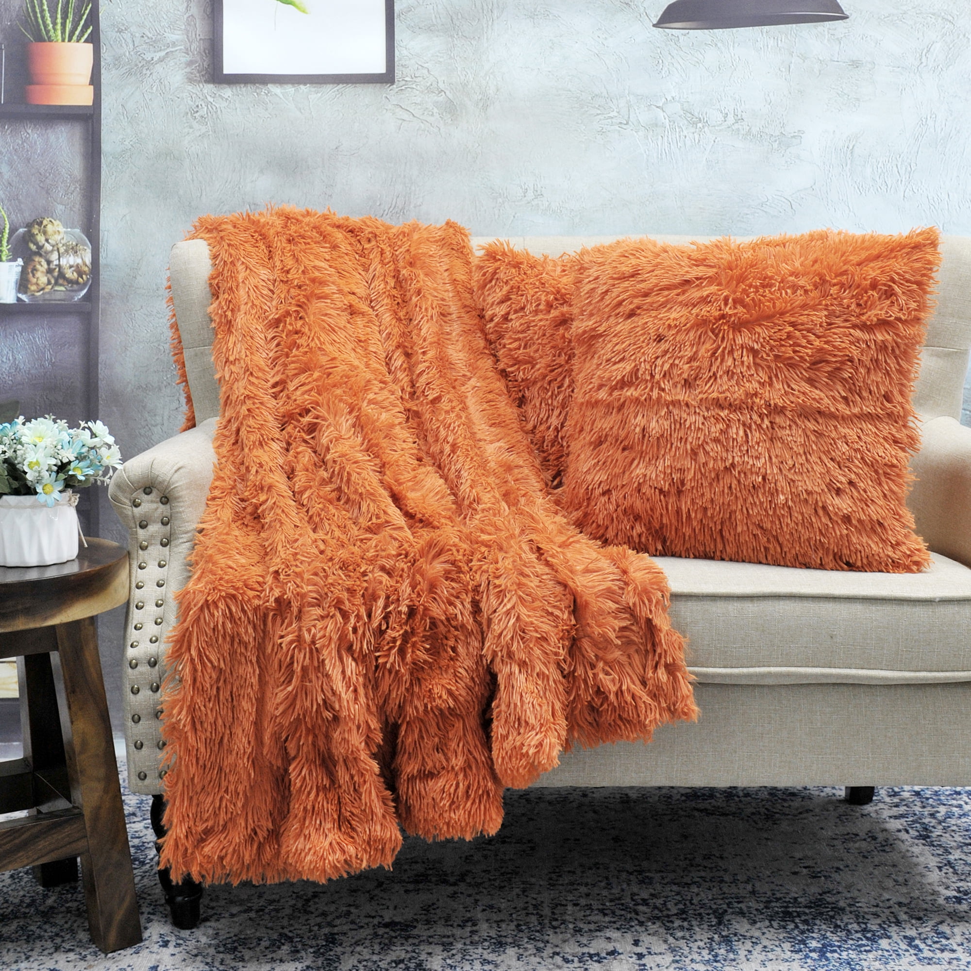 Home Soft Things Shaggy Throw & Pillow Cover 3 Piece Combo - Burnt Orange - 50" x 60"/20" x 20"