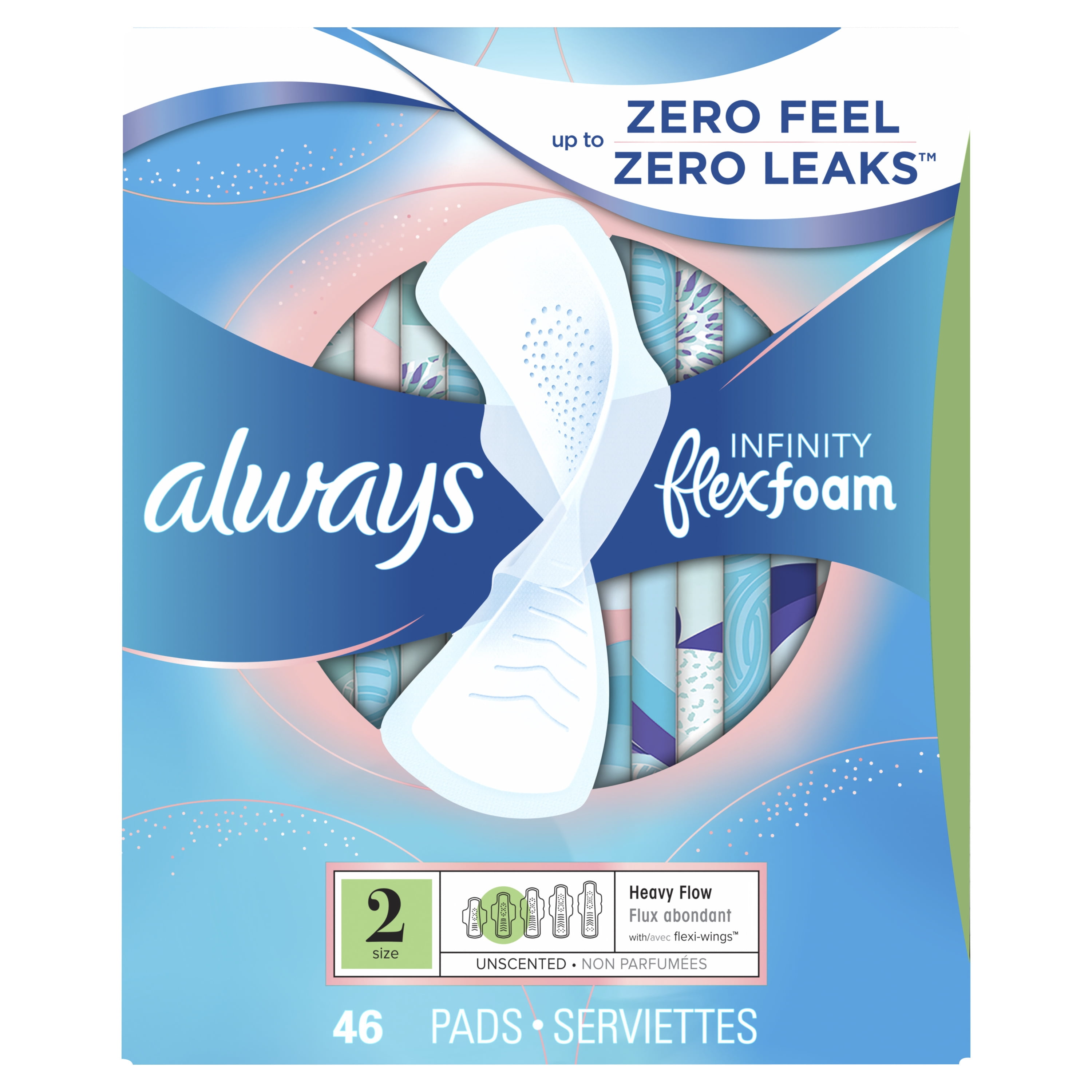 Always Infinity Feminine Pads for Women with Wings, Size 2 Heavy, Unscented, 46 Count