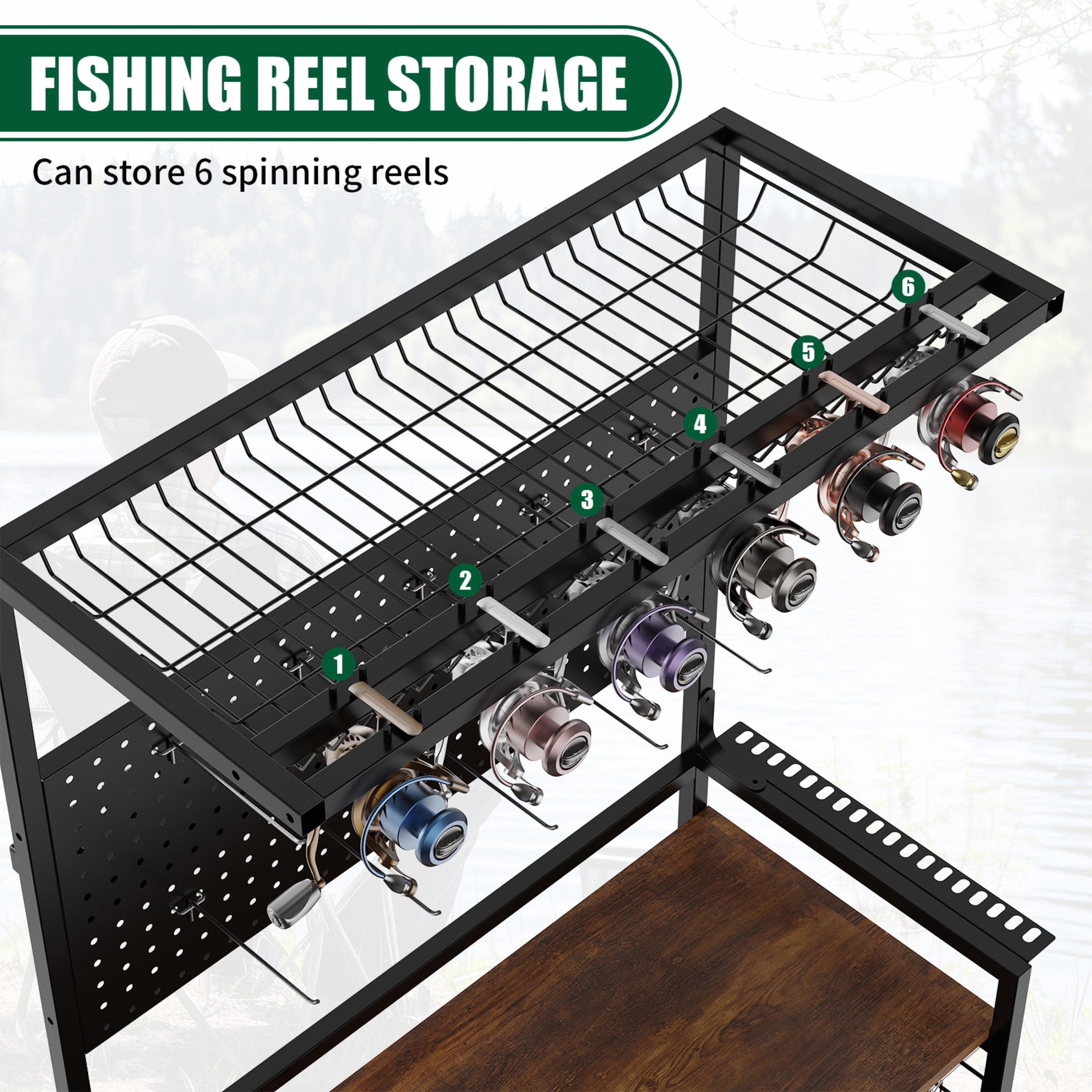 Noble House Rolling Fishing Tackle Organizer Cart with Pegboard, Heavy-Duty Multi-Tier Rod & Reel Storage Rack, Black
