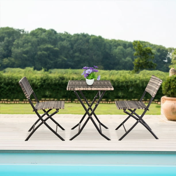 Patio Conversation Sets 3 Piece Outdoor Furniture Set With Folding Chairs And Dining Table Wicker Bistro For Backyard Porch Pool Garden Gray W12284 Com Piece Outdoor Patio Furniture Set, Patio Dining Set 3 Piece