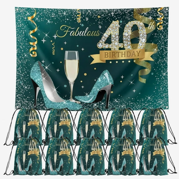OdeJous Happy 40th Birthday Party Supplies,10 Pieces Happy 40th Birthday Candy Drawstring Bag Include Birthday Backdrop 7x5FT, Drawstring Goodie Favor Bags for Birthday Party Decorations(10.6 x 13.3
