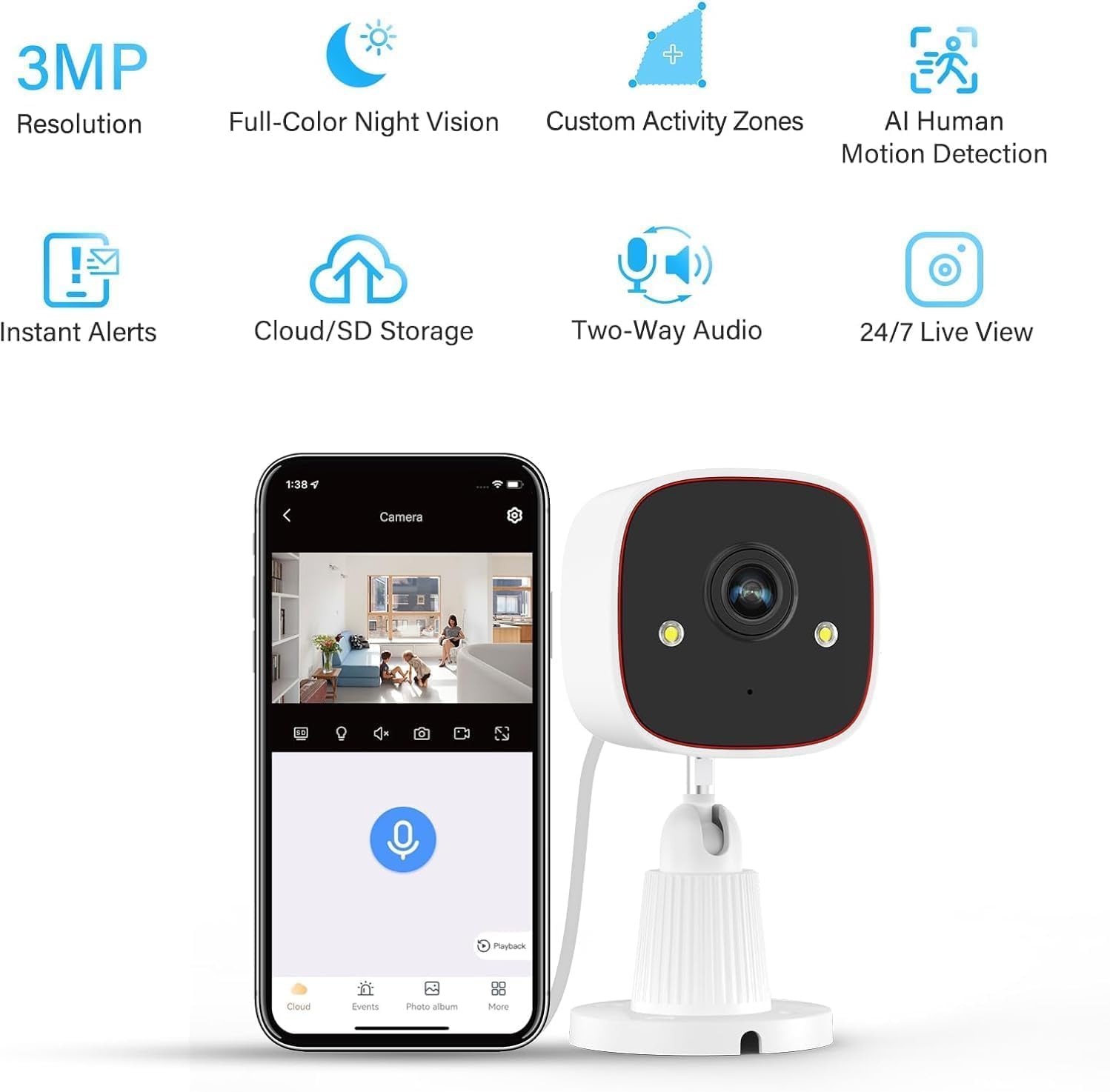 2K WiFi Security Camera Indoor/Outdoor, Plug-in Home Surveillance Cam with Color Night Vision, Human Motion Detection, 2-Way Audio, IP66 Waterproof, Baby & Pet Monitor, 5G/2.4G
