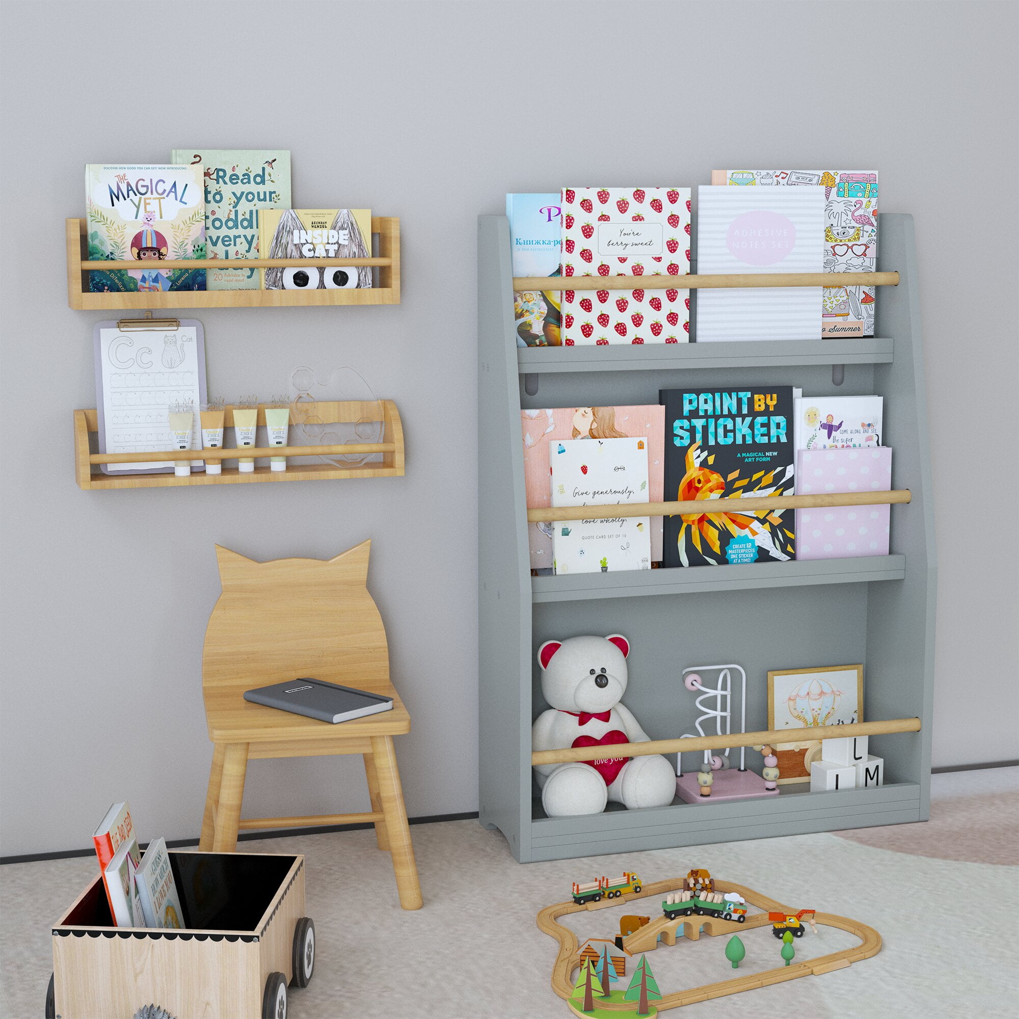 Yoneston Kids 3-Tier Bookcase with Wood Rails, Children's Standing Display Bookshelf for Playroom, Bedroom, Nursery, Gray