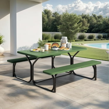 ModFusion 4.5 Ft Picnic Table Bench Set with Sturdy Steel Frame & Weatherproof Tabletop for Outdoor Backyard Dining – Green