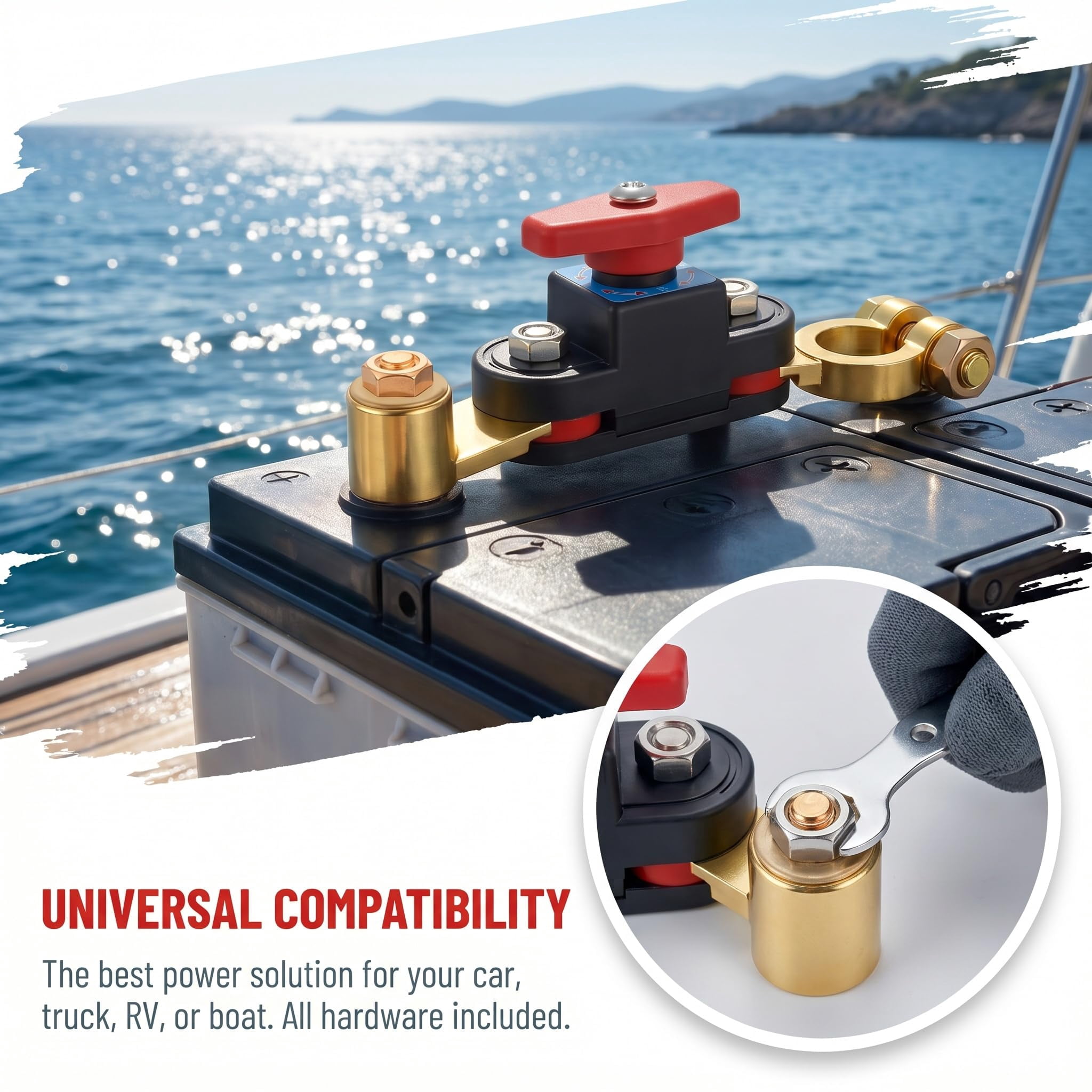 Universal Battery Disconnect Switch with Leak Protector, Pure Copper 12V-24V Car Power Cut-Off Breaker, Adjustable Terminals for Truck, Boat, RV