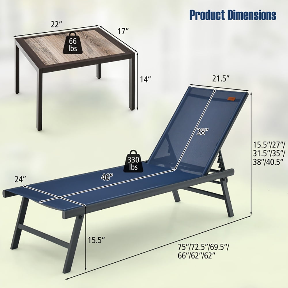 Aimee Lii 3 Pieces Patio Chaise Lounge Chair and Table Set for Poolside Yard, Patio Loungers, Navy