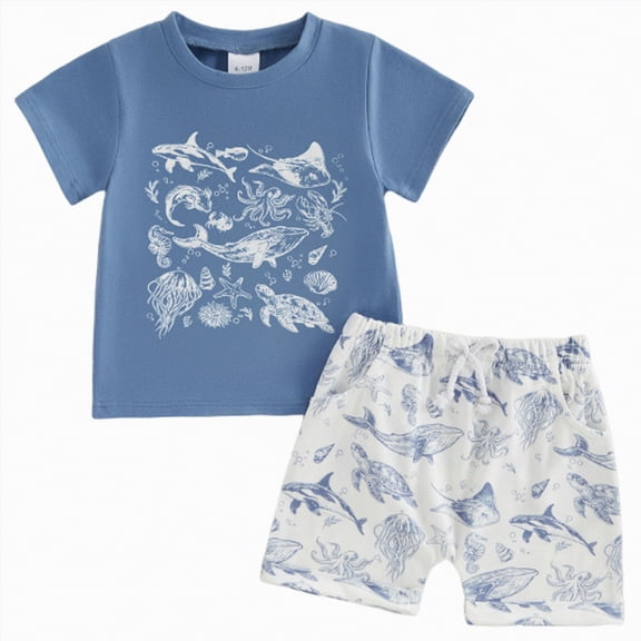 TOWED22 Toddler Baby Boy Clothes 2 Pieces Dinosaur Truck Print Crewneck Short Sleeve Tee Elastic Waist Shorts Summer Outfits(Blue,12-18 M)