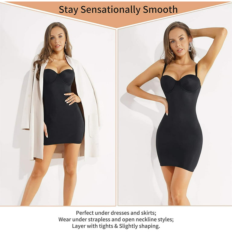Loday Full Slip Dress With Built in Bra Bodysuit Shapewear Sleeveless for  Under Dresses Tummy Control Slimming Dress(Black， XL) 