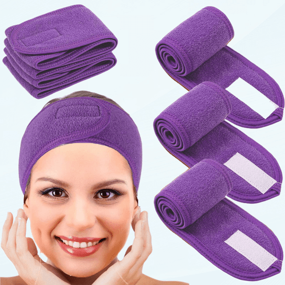 Hair Band Facial Spa Headband Head Warp Makeup Head Wrap Shower Headbands Soft Women Hair Yoga Sports Band with Magic Tape 3 Pack (Purple)