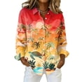 thumbnail image 2 of Minjewel Women's Hawaiian Print Shirt Long Sleeve Button Up Blouse Casual Collared Top with Floral Design for Spring Summer Outdoor Vacation Beach Party Daily Wear,Red,L, 2 of 6