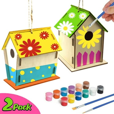 Latrodar Crafts for Kids Ages 4-8 2Pack DIY Bird House Kit Build and Paint Birdhous 30ml Multicolor Decorative 5.6x2.8 Inch