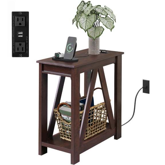 GALAXHERO End Table with Charging Station Slim Side Table with 2 USB Ports and 2 Power Outlets, 2-Tier Nightstand for Small Spaces, Farmhouse End Table for Living Room,Bedroom Espresso