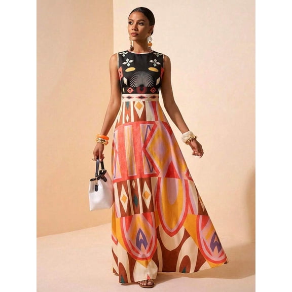 Pink Multicolor Geometric Print Sleeveless Maxi Dress For Summer Festival, Vacation, Beach, Street Style