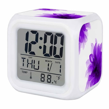 Purple Digital Alarm Clock for Bedrooms, Smart LED Alarm Clock with 7 Color Changing Night Light, Boho Modern Floral Abstract Ombre Leaf White Silent Wake Up Clocks for Sleep Study Cooking 3.2x3.2