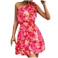 thumbnail image 7 of Wycnly Dresses for Women Fashion Elastic Waist Ruffle Layer Hem One Shoulder Mini Dresses Slash Neck Sleeveless Floral Print Summer Short Formal Dress Hot Pink XL, 7 of 7