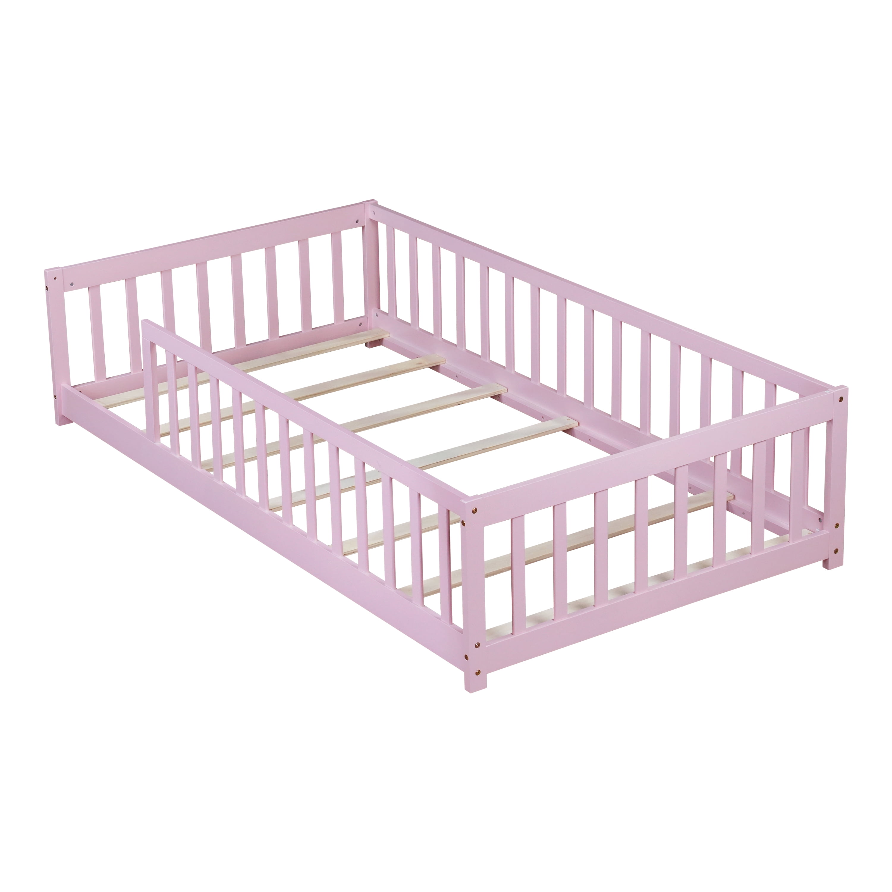Twin Size Rubber Wood Floor Bed with Full Surround Safety Fence, No-Door Kids Platform Bed with 7 Wood Slats Holds 250LBS Fits ≤6 Inch Mattress