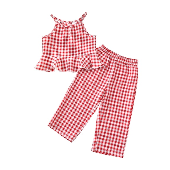 12 Months Baby Girls Clothes 18 Months Girls 2PCS Plaid Outfits Set Solid Color Infant Girls Sleeveless Halter Top Pants Set Red