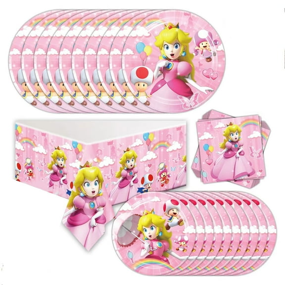 Princess Peach Party Supplies - Princess Peach Theme Tableware The set includes 9 inch plates, 7 inch plates,, Tablecloth, Napkins