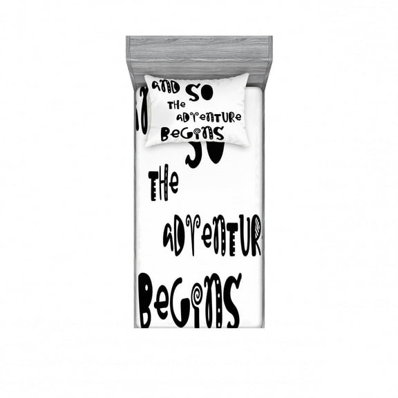 Saying Bedding Set with Sheet & Covers, Monochrome Hand Drawn Calligraphy and so Adventue Begins Typography Retro Design, Printed Bedroom Decor 2 Shams, 4 Sizes, Black White, by Ambesonne