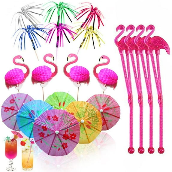 Cocktail Set Colorful Oil Paper Umbrella Sticker Firework Sigh Flamingo Foil Palm Tree Stirrer Beach Hawaii Party Supplies Cake Toppers