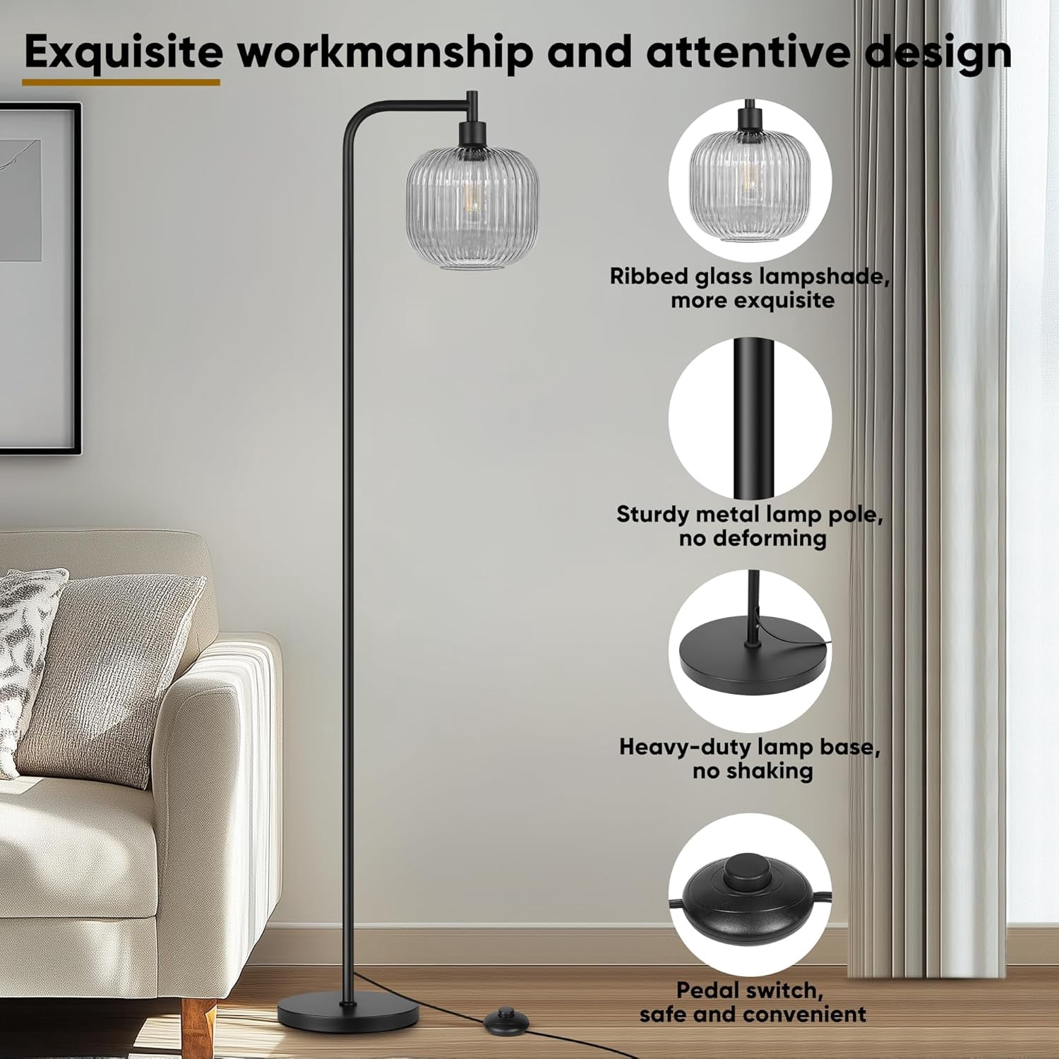 67” Modern Glass Floor Lamp for Living Room, Standing Lamp with Ribbed Grey Glass Lampshade Pedal Switch for Bedroom Study Room, Black (Bulb Included)