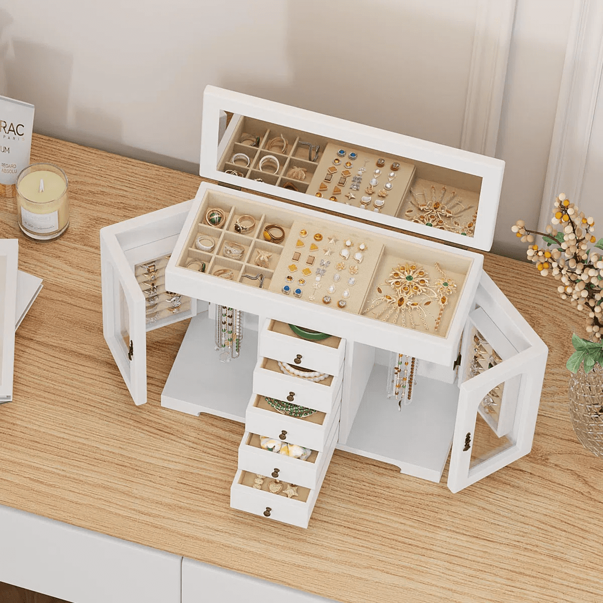 Jewelry Box for Women Girls, Wooden Jewelry Organizer Box with Mirror, 5 Layer Jewelry Storage Case White