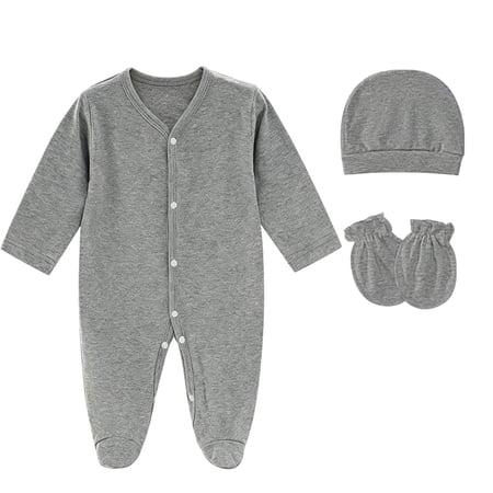 XUNKUSGA Infant Boys Girls Clothes Set Cotton Long Sleeve Button Down Footies 3PCS Jumpsuit with Solid Hats Mittens Gloves Soft Skin-Friendly Baby Rompers 0-6 Months