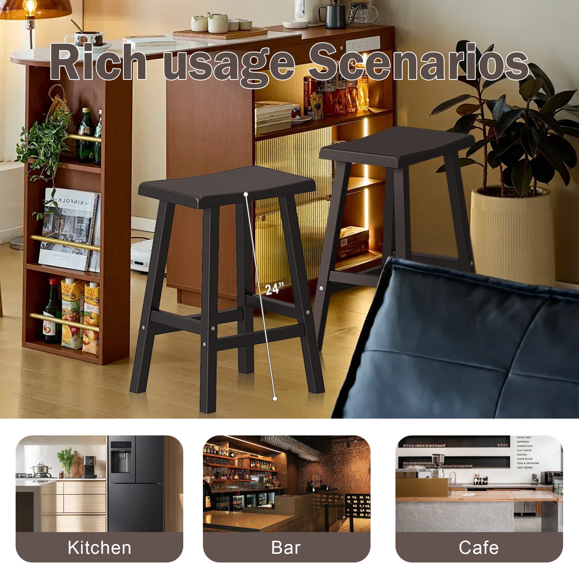 fazzn Solid Wood Saddle-Seat Counter Height Bar Stools for Kitchen Island with Footrest, 24-Inch Height, Black, Set of 2.Father's Day Gift