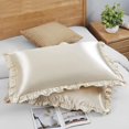 thumbnail image 3 of shiyou-Ruffled Standard Satin Pillowcase Set of 2, Beige Silky Satin Pillow Cases for Women Ruffle Pillow Shams Covers Princess Room Decoration, with Envelope Closure, 3 of 4