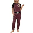 thumbnail image 2 of XIAONU Womens Pajamas Set Casual Color Block Short Sleeve Top And Elastic High Waist Drawsting Long Pants Sleepwear Loungewear Set, 2 of 7