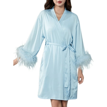 

Women Feather Fur Robe Silk Satin Bridal Dressing Gown Sexy Lingerie Nightgown Bathrobe Sleepwear