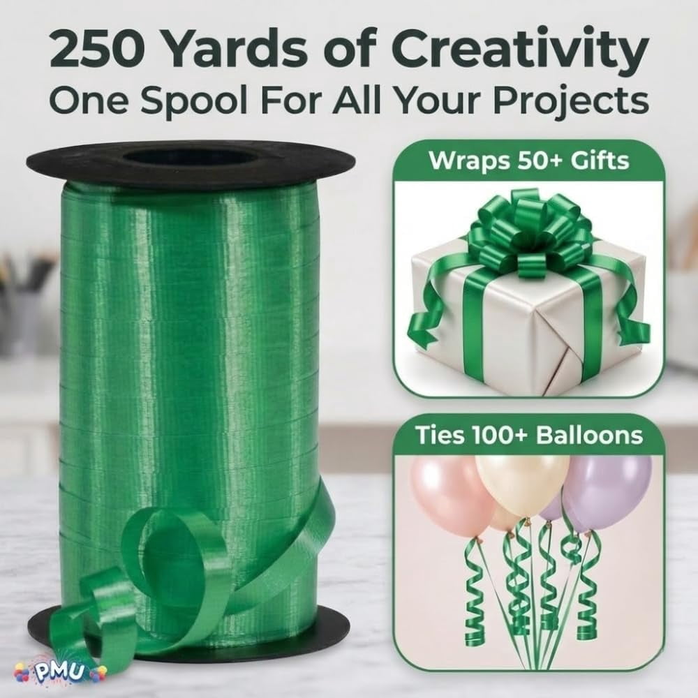 PMU 250 Yards x 3/8in Emerald Green Crimped Curling Ribbon String for Gift Wrapping Ribbon Balloon String Birthday Celebration Party Presents Decor, Festival Art Craft Accessories (1-250 Yard Rolls)