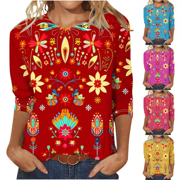 Fiudx Ofertas Del Día Camiseta Estampada a La Moda para Mujer, Blusa de Mangas 3/4, Tops Informales con Cuello Redondo