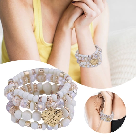 4Pcs Bohemia Stackable Beaded Bracelets Set - Multilayer Stretch Stone Gold Beaded Bracelets for Women Men, Summer Beach Boho Vacation Jewelry Gifts