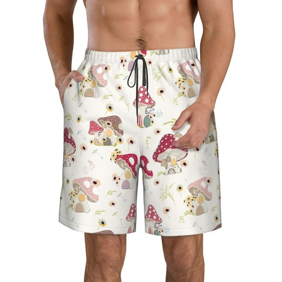Honeii's Floral Mushroom Print Men's Casual Shorts with Drawstring,Swim Trunks Quick Dry Beach Shorts