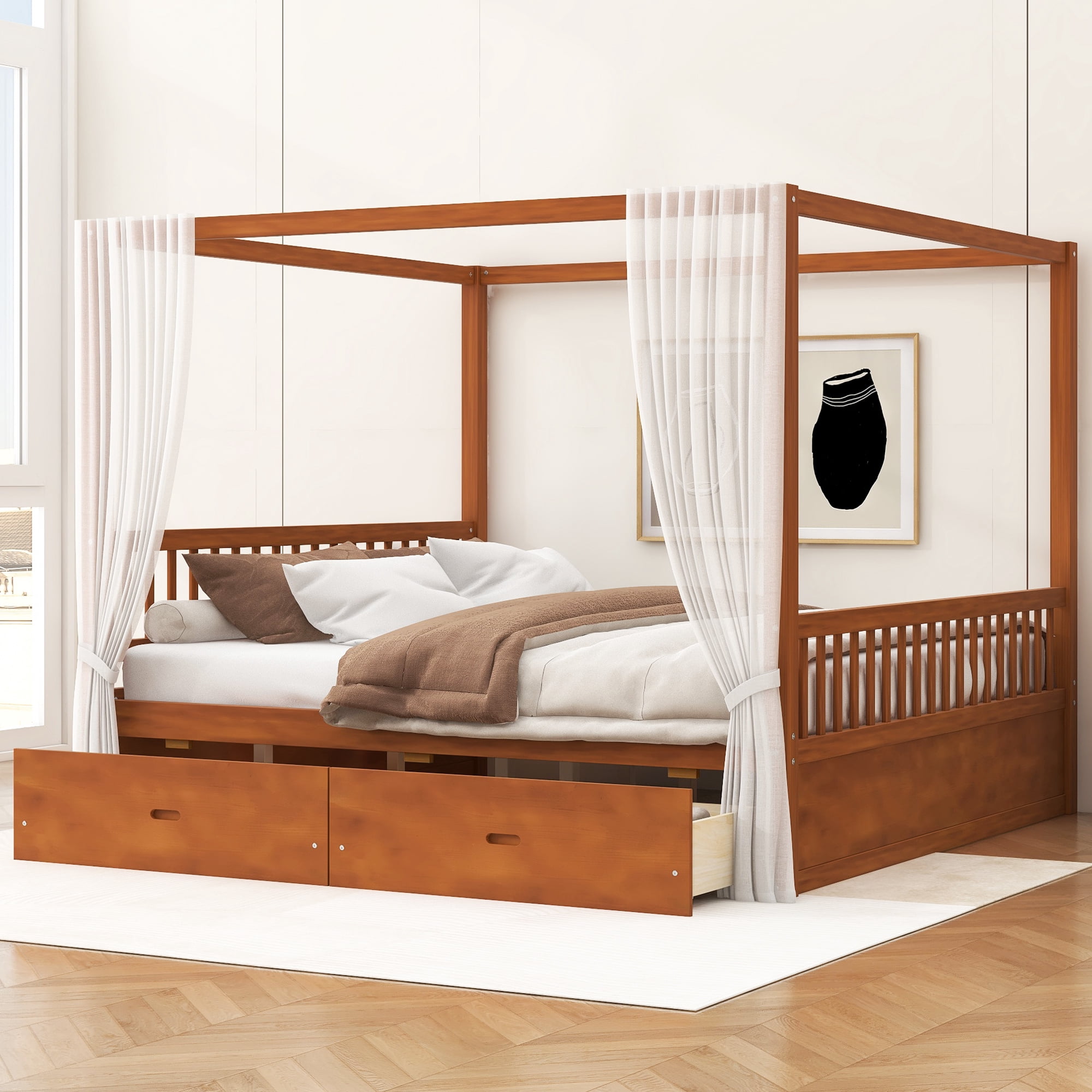 Walnut Wood Canopy Bed - King Size with Storage Drawers | Elegant Bedroom Frame