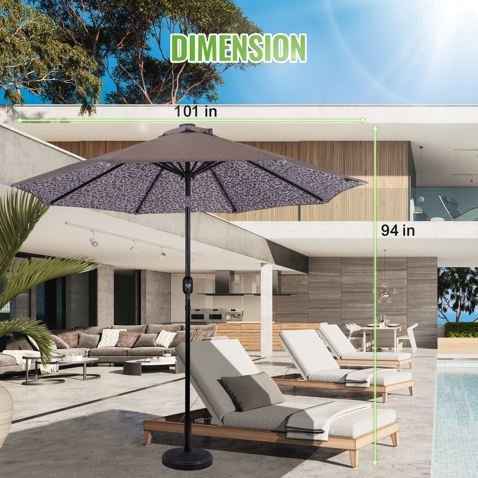 Backyard Expressions 9ft Solar Patio Umbrella with 32 LED Lights – Outdoor Market Umbrella with Tilt & Crank, Solar-Powered Lighting, Water-Resistant Fabric for Patio, Deck, Garden, Pool