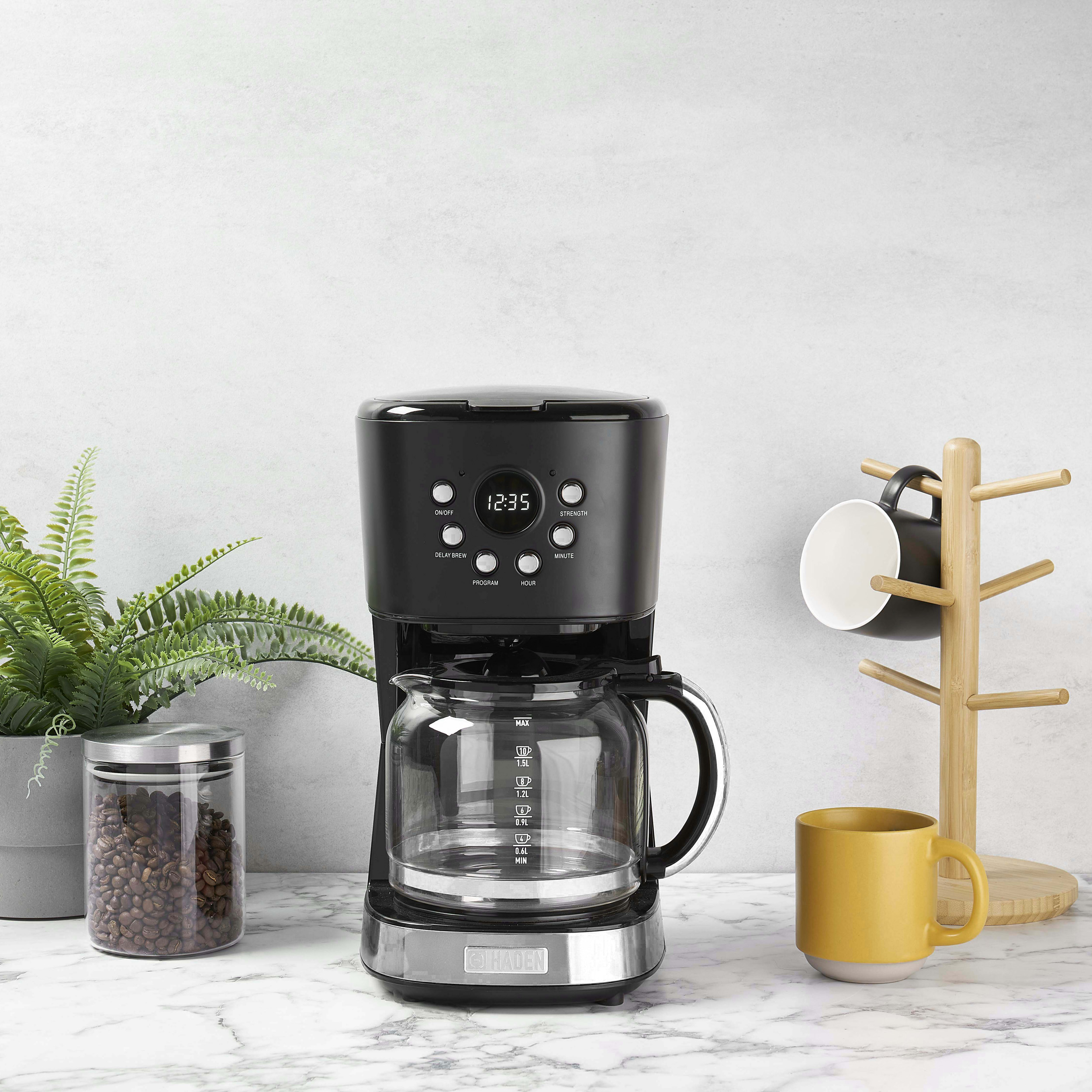 Haden Coffee Machine, 12 Cup Programmable Coffee Maker, Black & Chrome