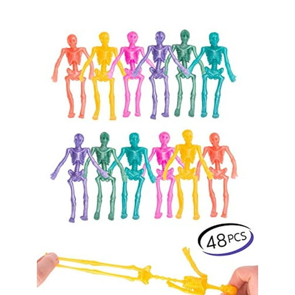 UpBrands 48 Stretchy Toys, Party Favors for Kids Halloween Skeletons, 12 Colors Bulk Set, Kit for Easter Egg Basket Stuffers, Goodie Bags, Pinata Filler, Small Toys Classroom Prizes