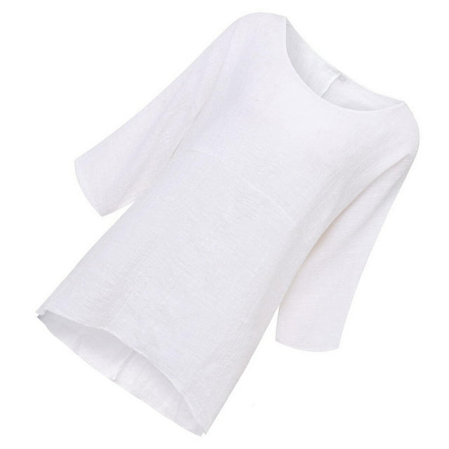 T-Shirt Femme Couleur Unie Haut Décontracté Manches Courtes Lin Blouse Décontractée Femme, Blanc, 3TG