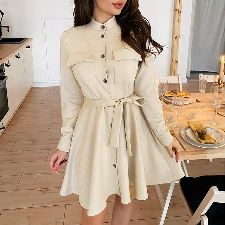 sachin and babi light blue dress LLYwey s Plus Size Western Dresses for Women Fashion Casual Stand-Up Collar  Solid Color-Breasted Long Sleeve Dress New Elegant Dresses Beige S