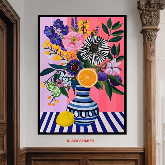 Colorful Flower Vase Art, Citrus Fruit Print, Maximalist Kitchen Decor, Pink and Blue Eclectic Wall Art, Lemon , Summer, Unframed Paper Poster 8x10in