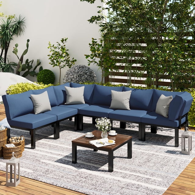 YODOLLA Ensemble de Meubles d'Extérieur en Métal 7 Pcs avec Table Basse, Bleu