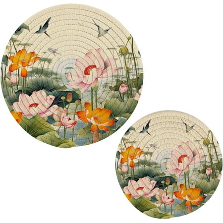 

Tangkunup Lotus Flowers Garden Trivets Pot Holders Set of 2 Decoration Potholders for Kitchens Pure Cotton Thread Weave Trivets Hot Pads for Kitchens Coasters Placemats Spoon Rest for Cooking