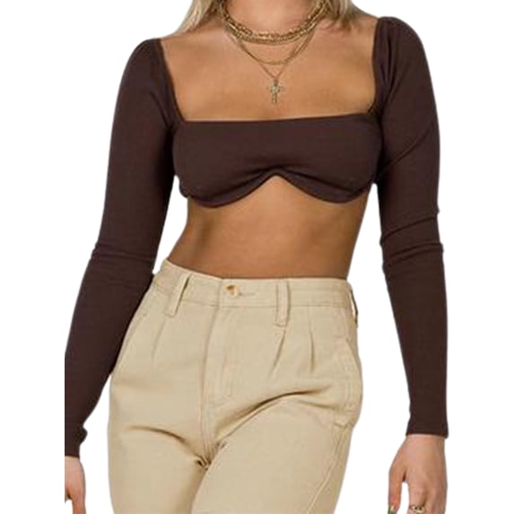 Dewadbow Women Rib Knit Crop Tops Long Sleeve Square Neck Stretchy Blouse