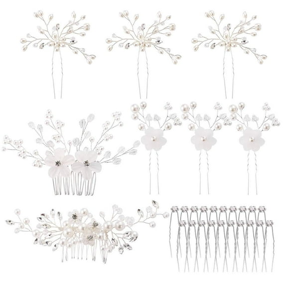 28 Pack Silver Flower Pearl Wedding Bridal Hair Side Combs U Shaped Hair Pins Clips Rhinestone Crystal Decorative Accessories Headpieces for Women Girls Brides Bridesmaids