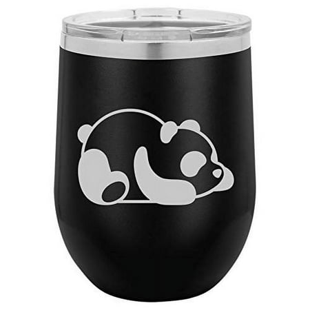 

12 Oz Double Wall Vacuum Insulated Stainless Steel Stemless Wine Glass Coffee Travel Mug With Lid Lazy Panda (Black)